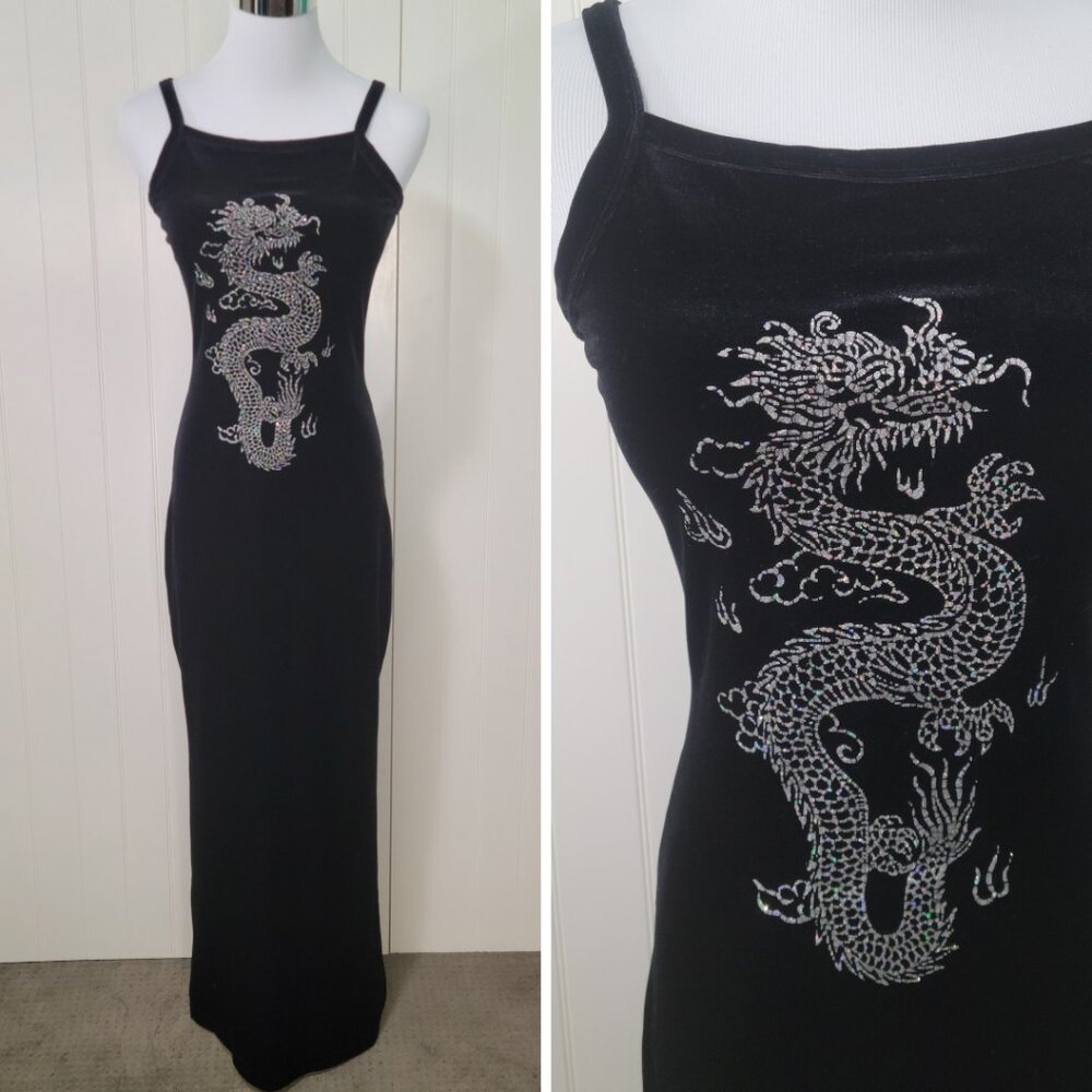 Vtg ENT 90s Y2K Grunge Black Velvet Maxi Dress Silver Glitter Asian Dragon Sz S